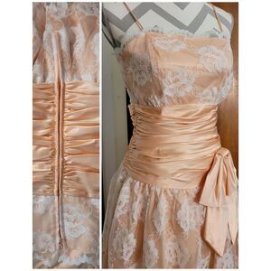 PEACH SATIN VTG 80s white sheer lace Tier wedding prom party bow pastel dress S